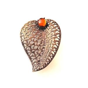 Vintage Filigree & Amber Stone Heart Brooch